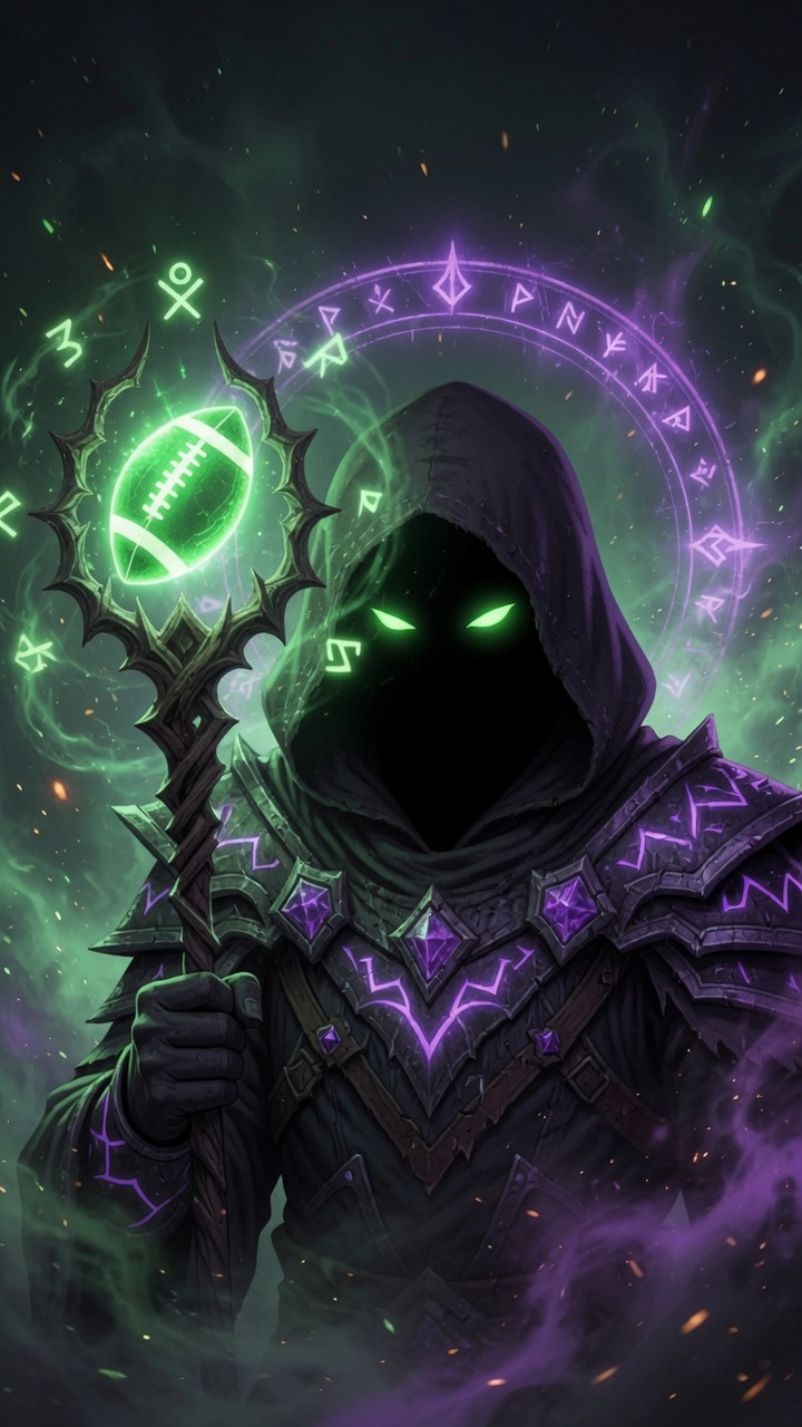 The RosterSage — a hooded sage raising a staff crowned with a glowing football
